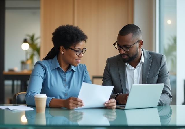 Two professionals discussing a contract in a modern, light-filled UK office office
