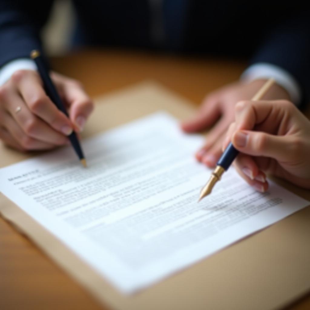 Close up of legal professionals reviewing deal terms with high attention to detail